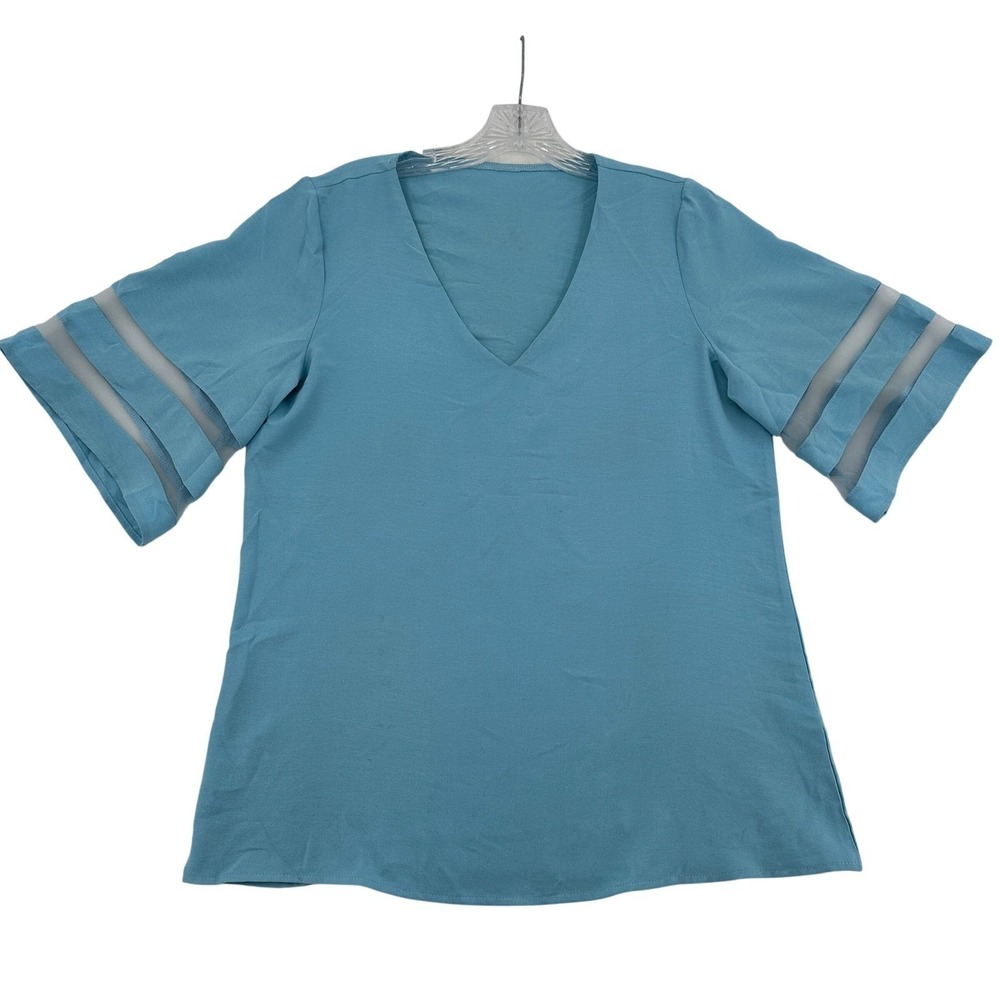 Women  Light Blue Casual Tunic Shirt Sheer Sleeve V Neck Top  Lightweight Size S